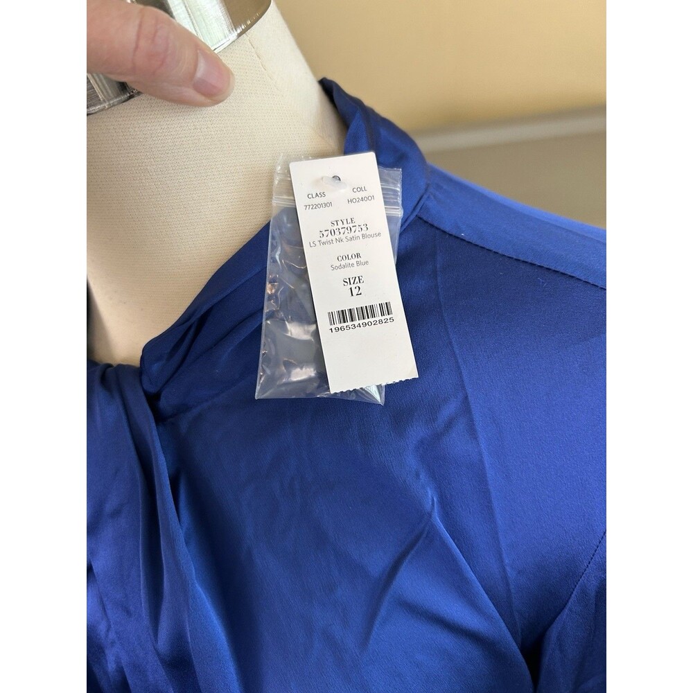 WHITE HOUSE BLACK MARKET Twisted Neck Satin Blouse Sodalite Blue NWT Sz 12 - Picture 5 of 8